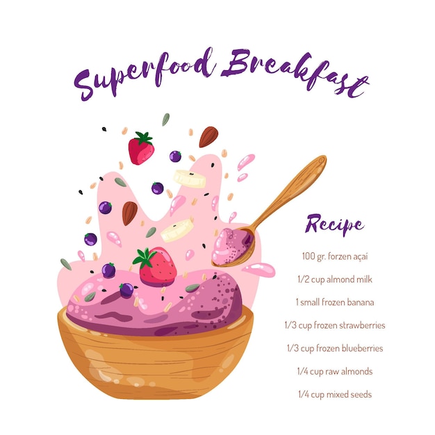 Vector acai bowl recipe with strawberries