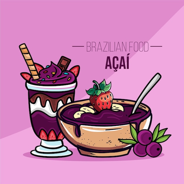 Vettore coppa acai e ciotola con frutta cibo brasiliano