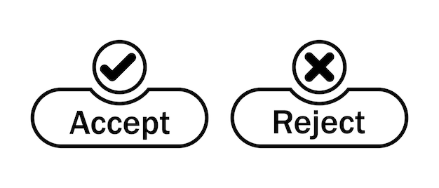 Accept and reject button icon with tick and cross symbol in black color stroke style
