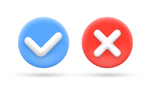 Vector accept and reject icons in 3d cartoon style check mark and cross vector illustration