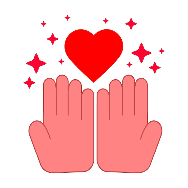 Acceptance of love, heart in hand. Illustration concept with picture of hands accepting heart and stars as decoration. Theme psychology, soul love. Vector graphic