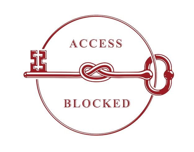 アクセス拒否、結び目のある寓話的なシンボル、結び目のあるヴィンテージのアンティークターンキー、ブロックされたアカウント、個人データ保護、ハッカーと詐欺の攻撃、ベクトルのロゴ。