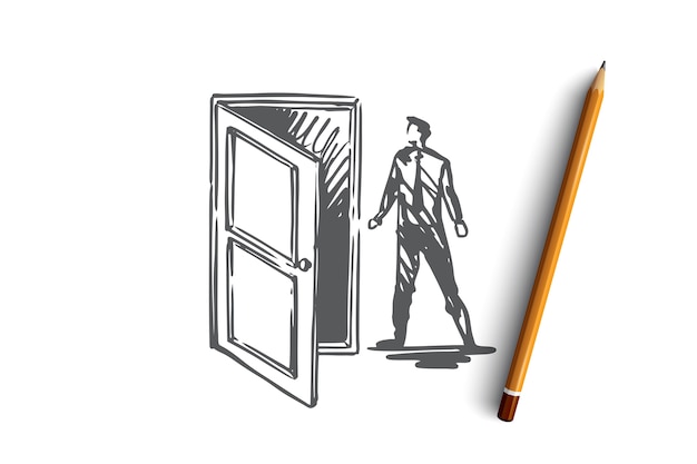 Access, door, open, enter, business concept. Hand drawn man near open door concept sketch. 