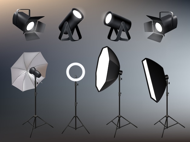 Vector accessoires voor fotostudio's. spotlights softboxen en gloed en levendig backstage licht realistisch