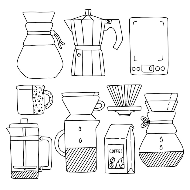 Accessoires voor koffie lineart zwart-wit doodle vectorillustratie