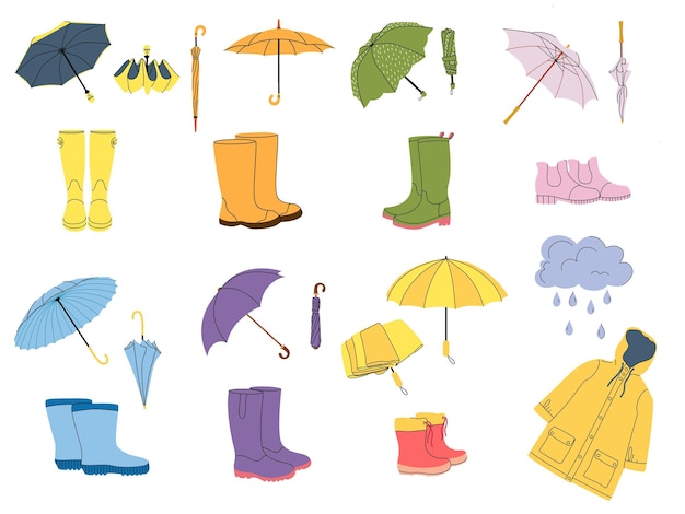 Accessories for rainy weather Rain boots raincoat and umbrella Rubber footwear folded and open parasol vector Illustration set