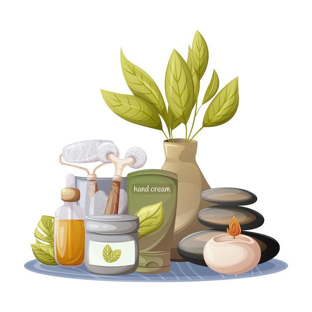 Vector accessories for selfcare and relaxation cream for body face and hand balance of spa stones