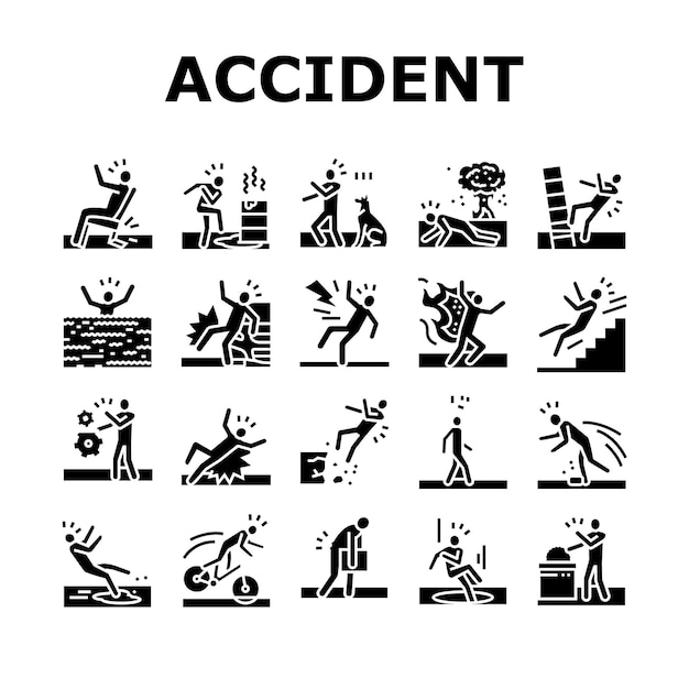 Accident injury safety man risk icons set vector