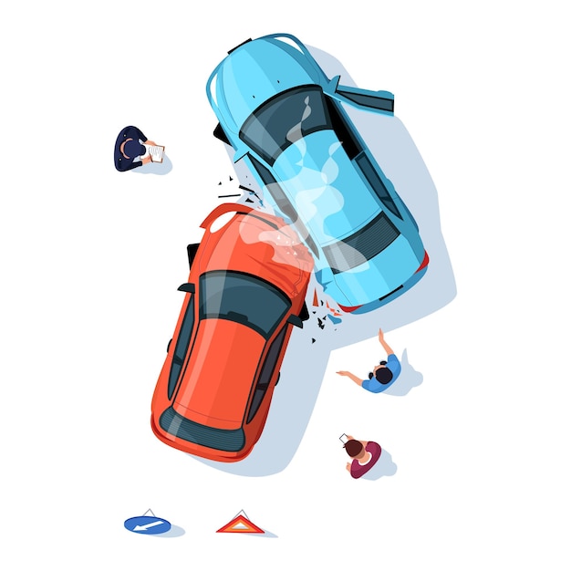 Vector accident regulation on road semi flat rgb color vector illustration. smashed cars on highway. police officer with crashed transport. drivers isolated cartoon character top view on white background