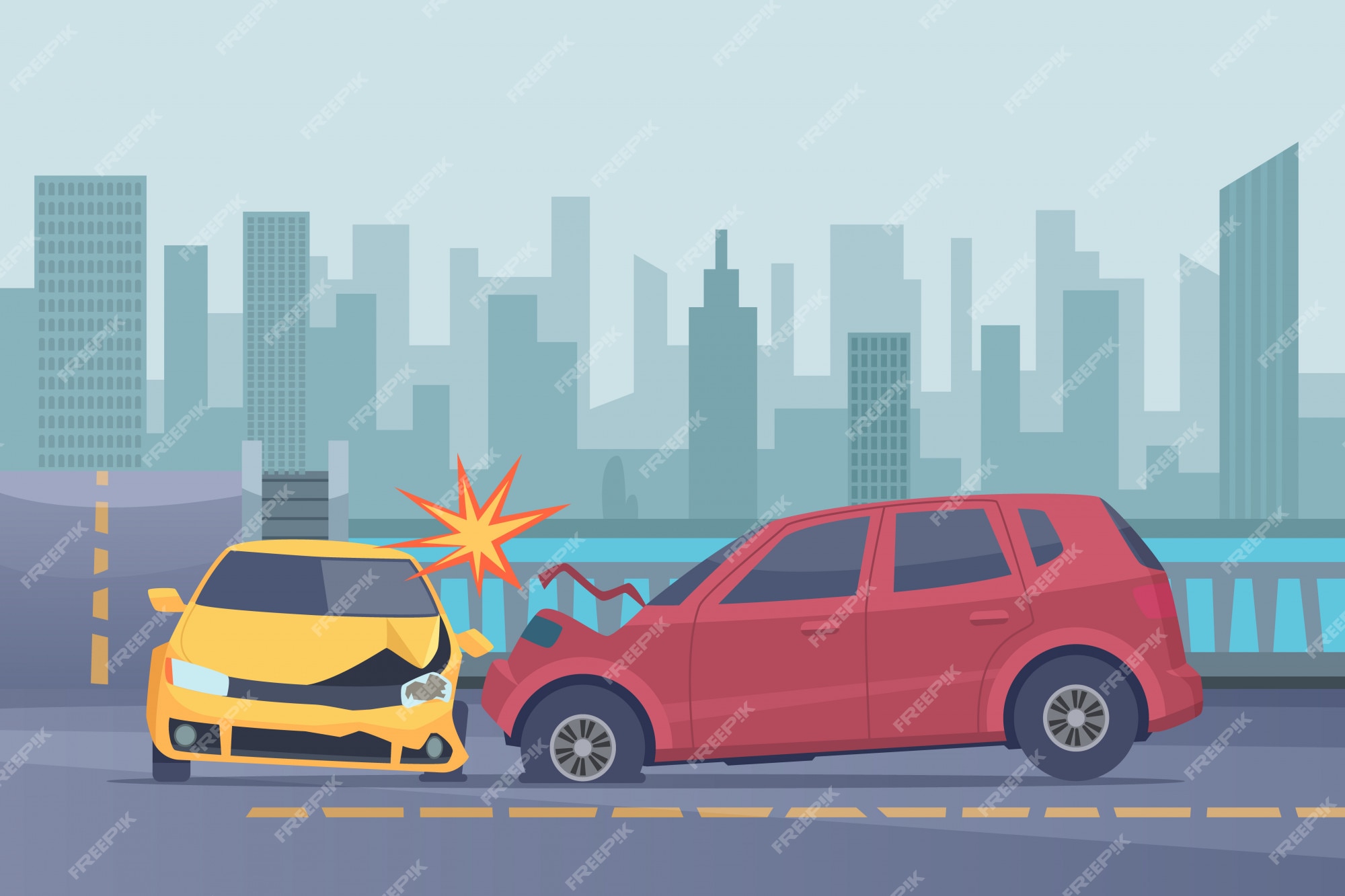 Premium Vector | Accident road background. damaged spped cars in urban  landscape emergency help broken transport pictures