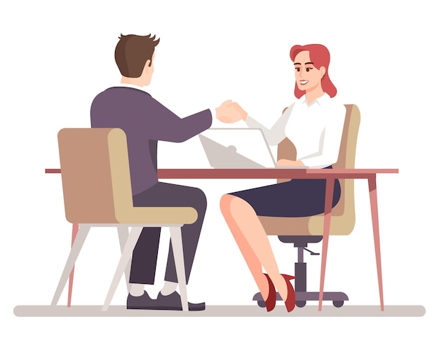 Vector accomplish strategic discussion semi flat rgb color vector illustration successful interview with new job applicant isolated cartoon characters on white background