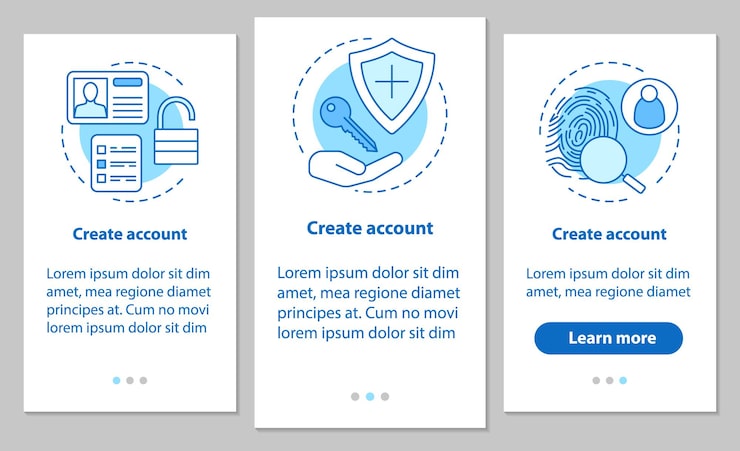 Vector 帳號上機移動應用程式頁面畫面與線性概念.新用戶註冊.註冊.授權.步驟圖形說明.ux, ui, gui 矢量模板與插圖