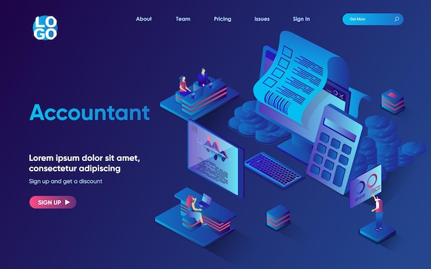 Vector accountant concept isometric landing page team maintains financial acconting and budget planning