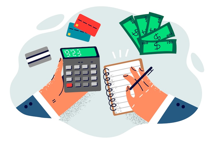 Vector accountant desktop with calculator in hands and notepad for recording expenses or income near cash with credit cards accountant calculates budget and amount of taxes paid after receiving wages