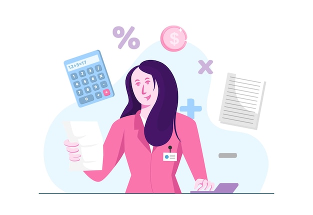 Accountant Lady tellen met documenten en wiskundige symbool illustratie Concept