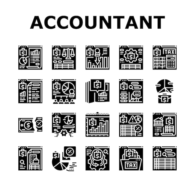 accountant tax office icons set vector professional desk woman business computer invoice budget account finance work accountant tax office glyph pictogram Illustrations