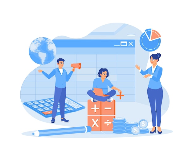 Vector accountants prepare company financial reports fill in the financial balance using the software accounting concepts flat vector illustration