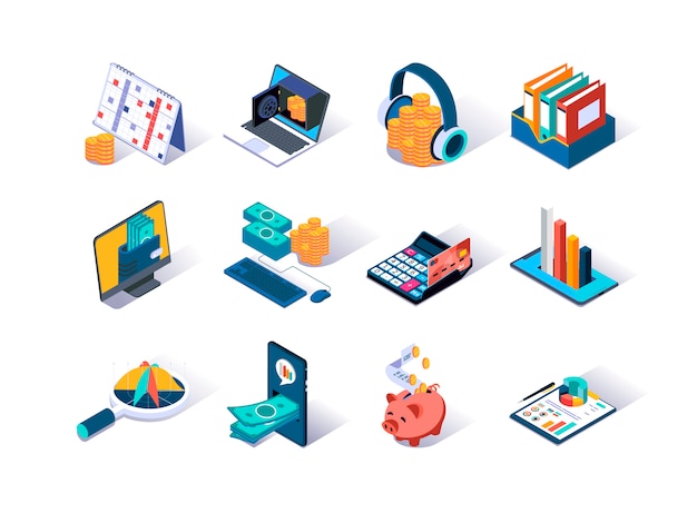 Accounting and auditing isometric icons set.