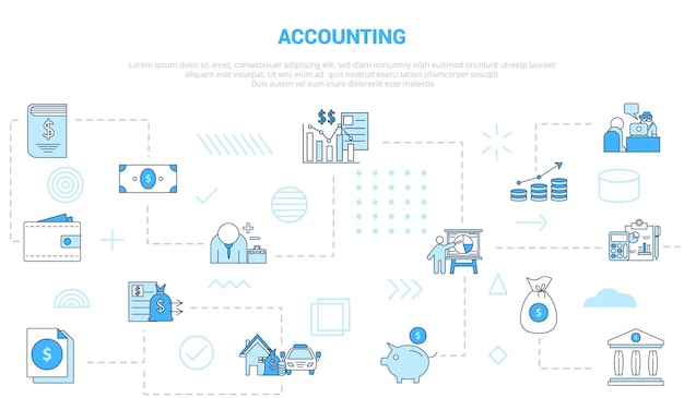 Concetto di contabilità con banner modello set di icone con stile moderno di colore blu