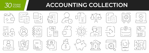 Accounting linear icons set Collection of 30 icons in black