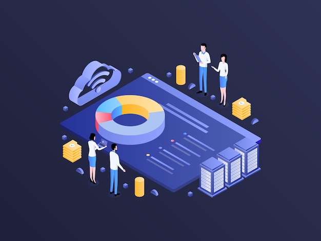 Vector accounting seminar isometric dark gradient illustration suitable for mobile app website banner diagrams infographics and other graphic assets