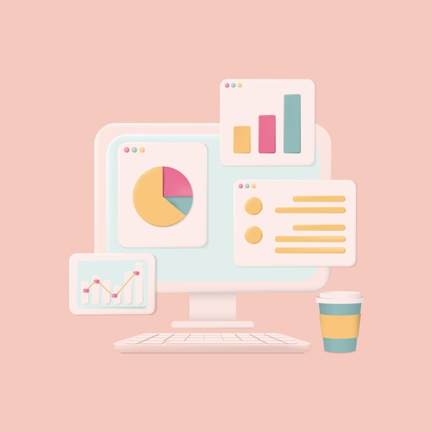 accounting system, pastel concept. there are computer laptop , graph screen and work space. vector illustration