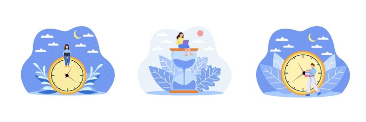 Vector 근무 시간 회계 문자가 있는 벡터 삽화 세트