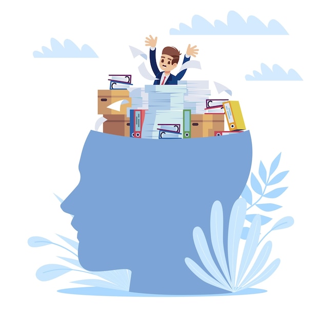 Accumulated unresolved problems mess in head panicking man in front of computer chaos mind work stress burnout and mental health unhappy businessman vector isolated concept