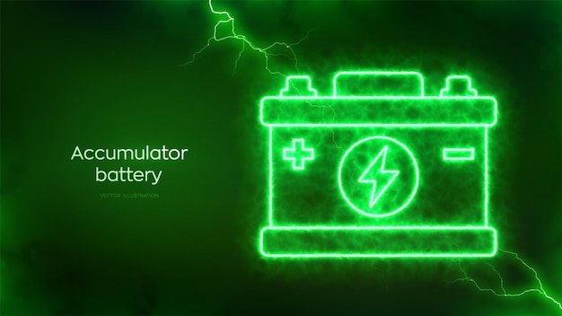 Accumulator battery icon with electrical energy glow effect Automobile accumulator Green Energy Charging point station Battery power supply background Electric discharge effects Vector