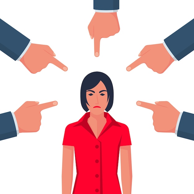 Accusation concept. Sad businesswoman. People point fingers at sad person. Public victim. Vector illustration flat design. Isolated on white background. Harassment coworkers. Victim worker.