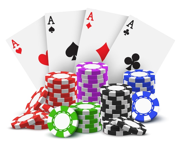 Aces with realistic stack or heap of sport betting chips. Cards and pile, tower of casino cash for play or game