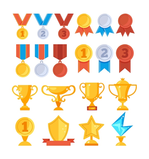 Vector achievement award trophy golden cup medal icon set