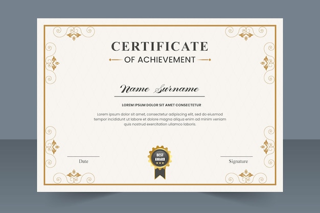 Achievement certificate template design with golden badges and border