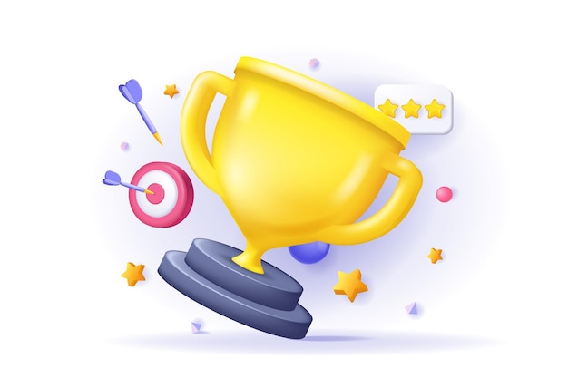 Achievement goals and winning concept d illustration icon composition with golden trophy cup prize