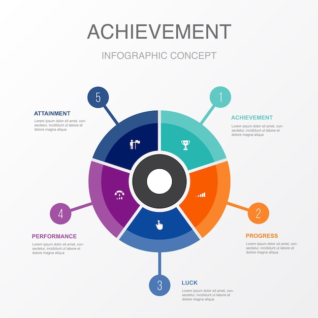 Achievement progress luck performance attainment icons Infographic design template Creative concept with 5 steps