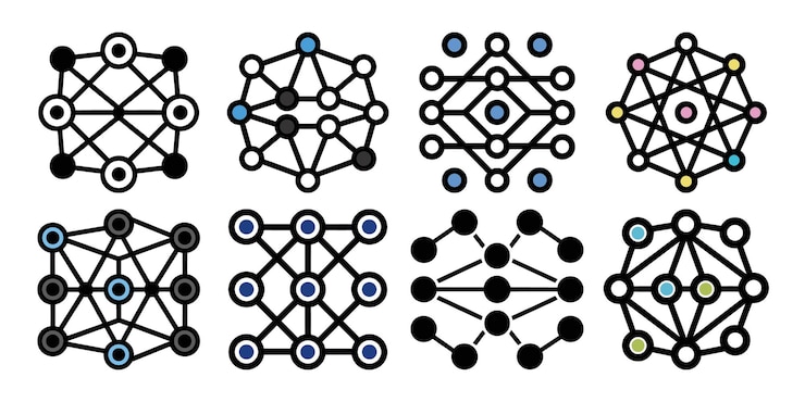 Vector acht abstracte neurale netwerk diagrammen tonen verschillende lagen van verbonden knooppunten in kleurrijke