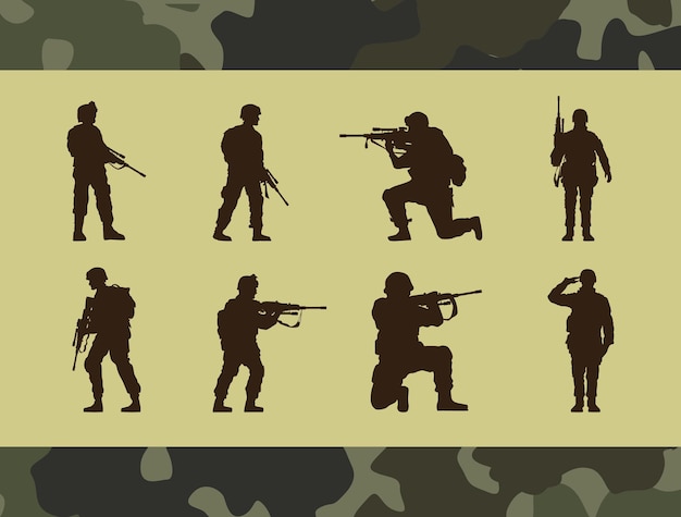 Acht militaire soldaten silhouetten