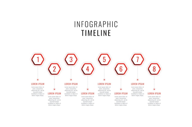 Acht stappen horizontale tijdlijn infographic sjabloon met rode zeshoekige elementen op witte achtergrond