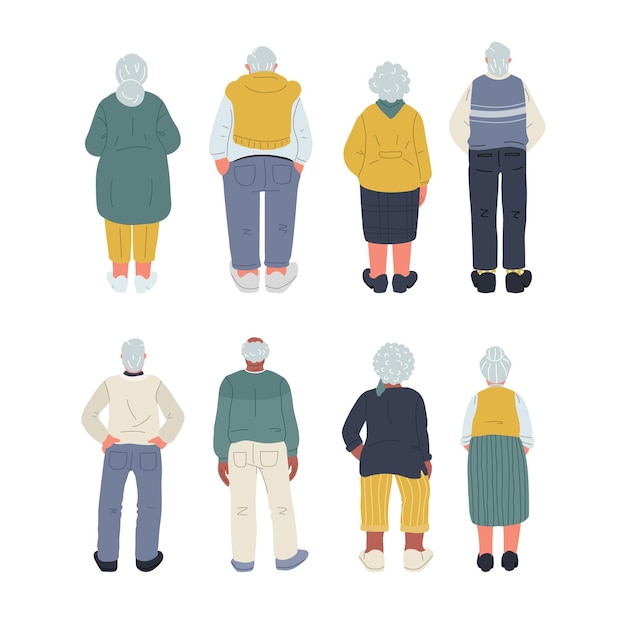 Achteraanzicht van oudere mensen geïsoleerd op een witte backgroundvector illustration