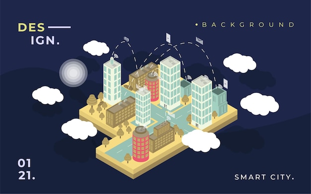 Achtergrond 3d plat isometrische slimme stad met wolken