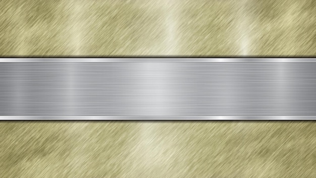 Achtergrond bestaande uit een gouden glanzend metalen oppervlak en een horizontale gepolijste zilveren plaat centraal gelegen met een metalen textuur schittering en gepolijste randen