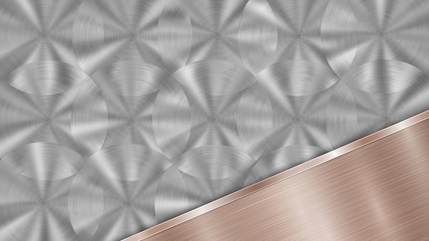 Achtergrond bestaande uit een zilver glanzend metalen oppervlak en een gepolijste bronzen plaat in de hoek met een metalen textuur en een gepolijste rand