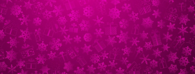 Achtergrond gemaakt van complexe kerstsneeuwvlokken en geschenkdozen met verschillende patronen in paarse kleuren