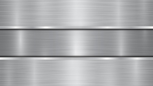 Vector achtergrond in zilver en grijze kleuren bestaande uit een glanzend metalen oppervlak en twee horizontale gepolijste platen boven en onder met een metalen textuur schitteringen en gepolijste randen