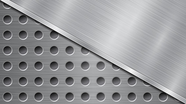 Achtergrond in zilveren en grijze kleuren bestaande uit een geperforeerd metalen oppervlak met gaten en een grote gepolijste plaat diagonaal met een metalen textuur en glanzende rand