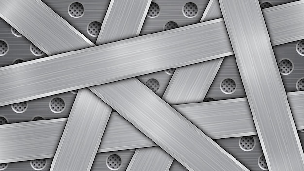 Vector achtergrond in zilveren en grijze kleuren bestaande uit een geperforeerd metalen oppervlak met gaten en verschillende willekeurig gerangschikte kruisende gepolijste platen met een metalen textuur en glanzende randen
