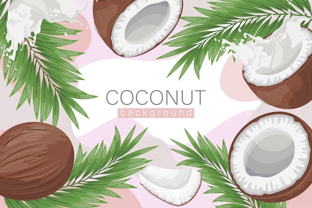 achtergrond kokosnoot achtergrond cosmetisch etiket achtergrond realistische kokosmelk kokosnoten en palmbladeren