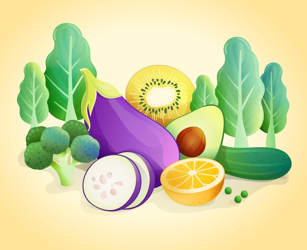 Vector achtergrond met biologische verse groenten. en fruit gezond voedsel. vector illustratie
