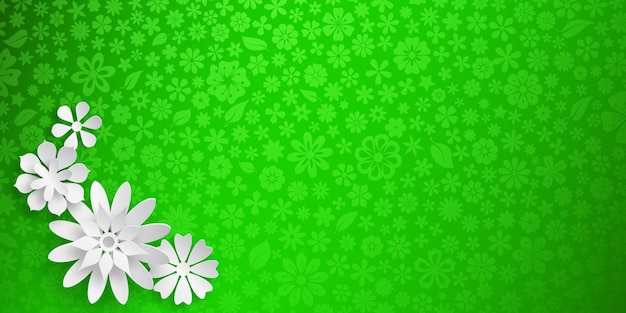 Achtergrond met bloementextuur in groene kleuren en verschillende grote witte papieren bloemen met zachte schaduwen