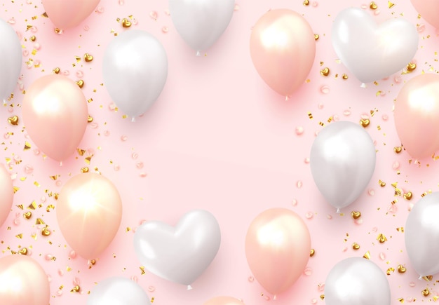Achtergrond met feestelijke realistische ballonnen met lint. Vieringsontwerp met ballon, kleur roze en wit, bezaaid met gouden glitters en glitter confetti. Vier verjaardagssjabloon